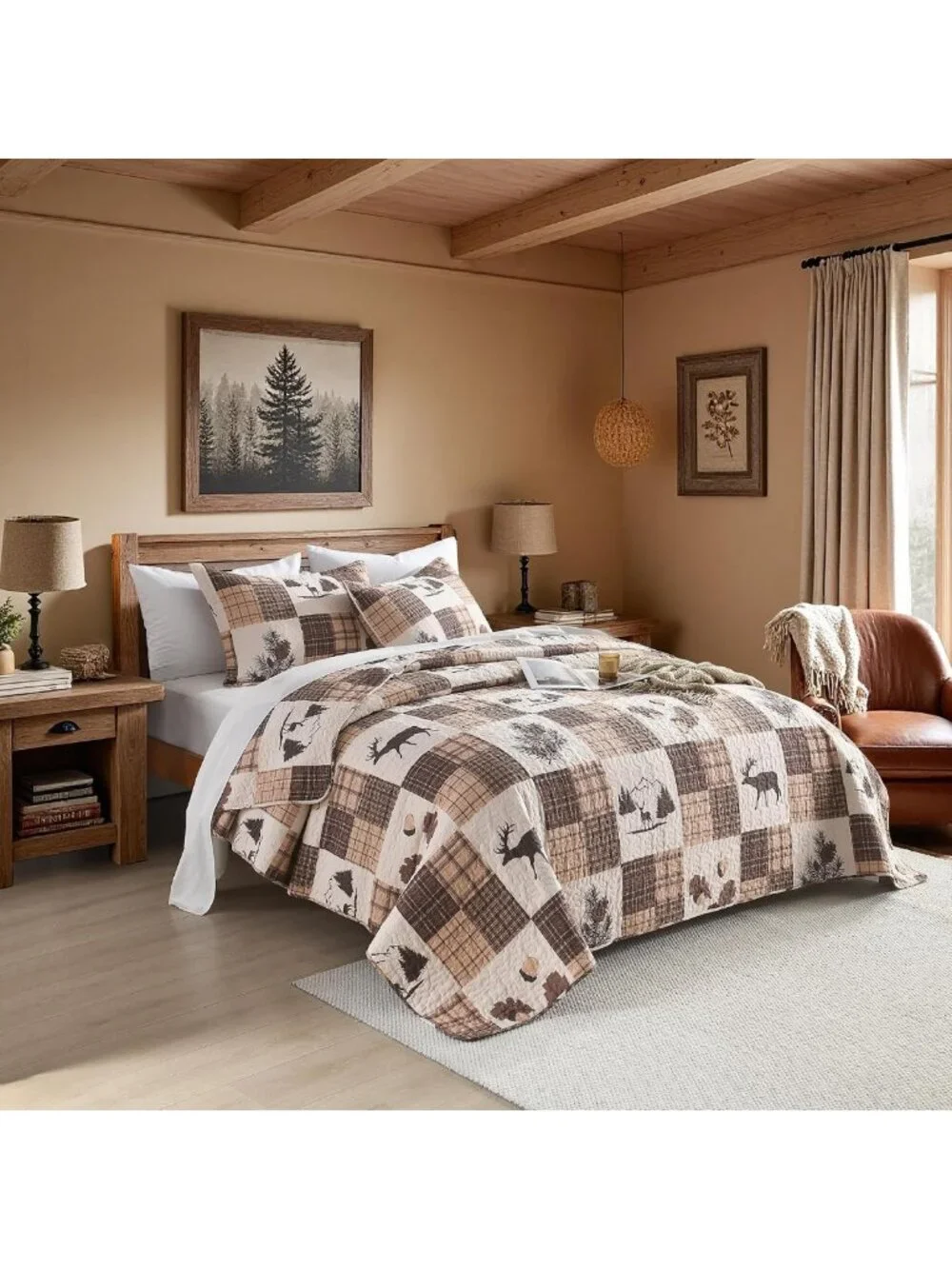 Lightweight 100% Cotton Queen Quilt Set - Deer & Plaid Design, 3 Pieces